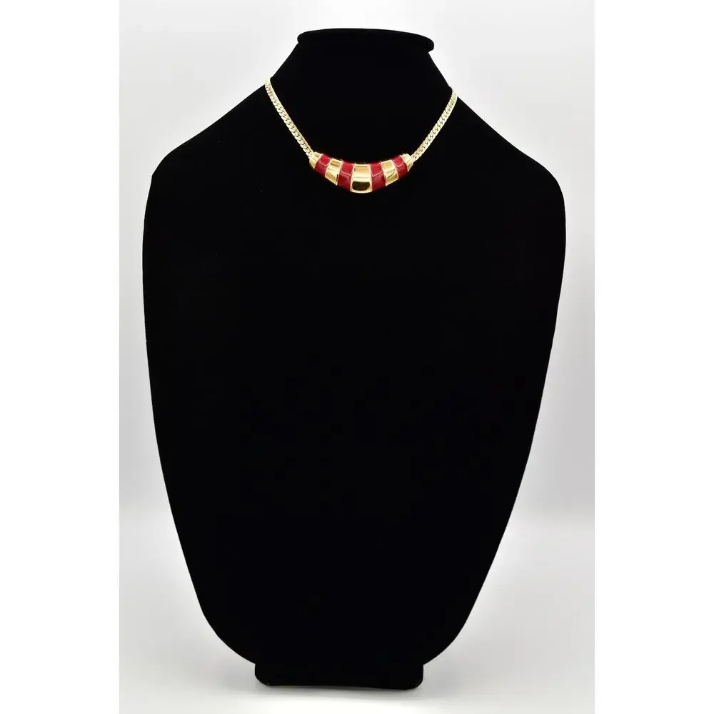 Napier Vintage Collar Necklace Red Enamel Gold Herringbone Chain Signed BinA17